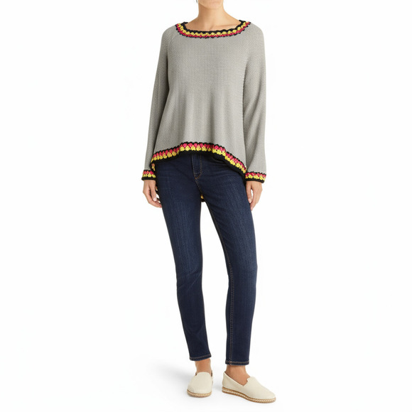 T H M L  Gray Beige Asymmetric Hem Crocheted Knit Pullover Sweater M - Picture 1 of 6